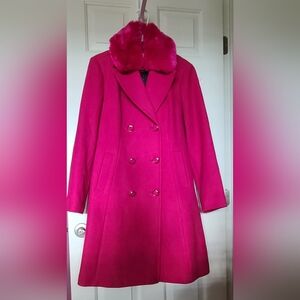 Kate Spade Festive Pink Faux Fur Trimmed Wool Coat w/back bow